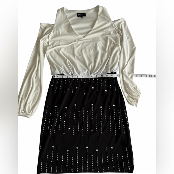 DJ-Jaz Black White Embellished Beaded Cold Shoulder Long Sleeve Evening Dress 4 - Picture 7 of 8